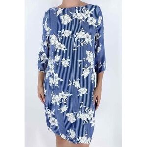 Halogen Blue and Cream Stripe with Floral Print 3/4 Sleeve Shift Dress | Size S